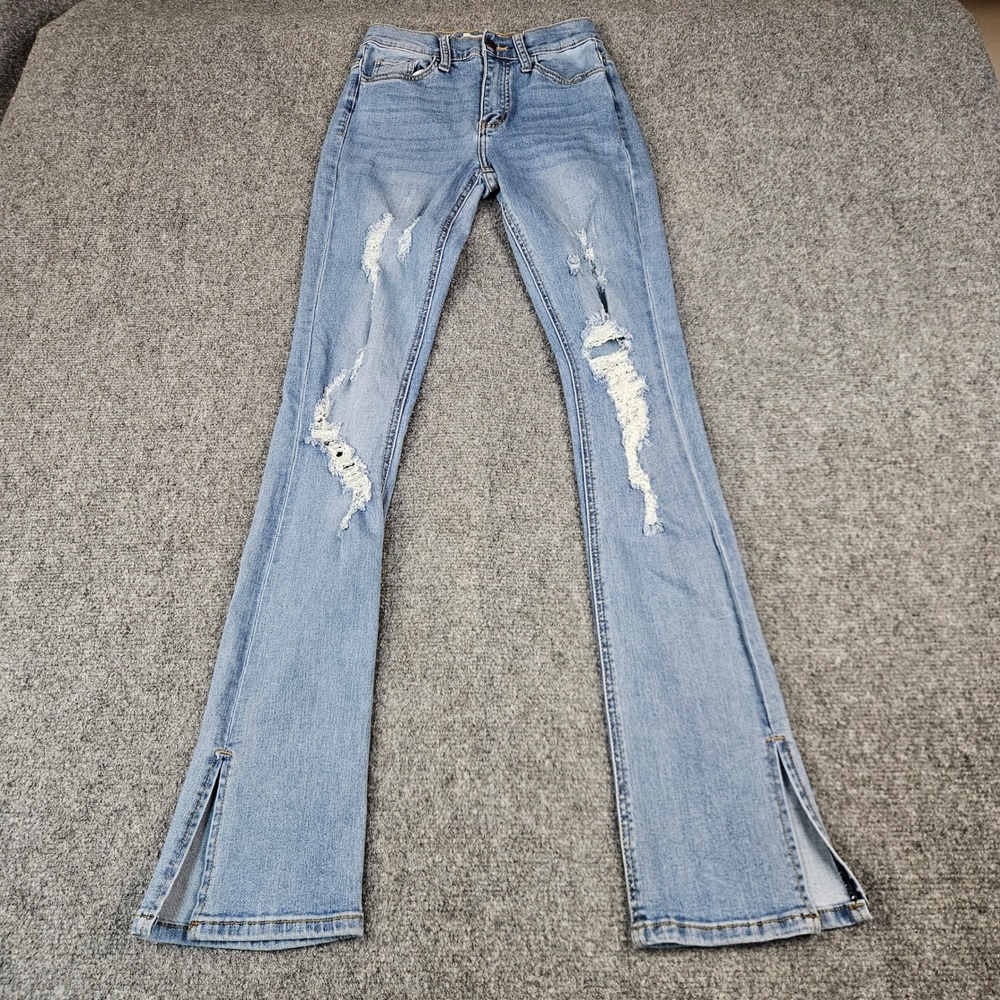 Vibrant M.I.U. Distressed High Rise Flare Jeans Light Wash Split Hem Size 3 W25